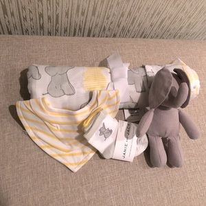 NWT Janie and Jack baby bundle - yellow swaddle, elephant rattle, socks, and bib